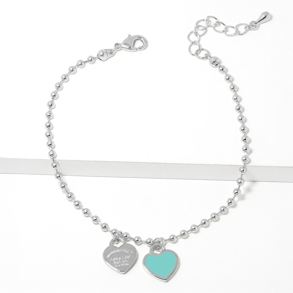 Double Heart Charm Bubble Chain Bracelet Ehite Gold Dip